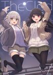  2girls :d absurdres arm_up bangs black_hair black_jacket black_pantyhose black_thighhighs breasts brown_footwear brown_jacket brown_shorts butterfly_hair_ornament comiket_101 commentary_request cover cover_page drawstring full_moon fur-trimmed_shorts fur_trim green_eyes green_skirt grey_hair hair_between_eyes hair_ornament highres hood hood_down hooded_jacket hoodie jacket long_hair looking_at_viewer mitoko_(tsuchikure) moon multiple_girls night night_sky one_side_up open_clothes open_jacket original outdoors pantyhose pleated_skirt purple_shirt red_eyes shiori_(tsuchikure) shirt shoes short_shorts shorts skirt sky small_breasts smile thighhighs tsuchikure very_long_hair white_hoodie 