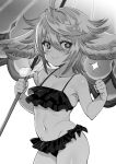  1girl ahoge bikini doyagao fist_pump flower-shaped_pupils frilled_bikini frills granblue_fantasy greyscale harvin head_wings highres holding holding_umbrella monochrome navel okita_ababa smile smug swimsuit symbol-shaped_pupils umbrella wamdus_(granblue_fantasy) 