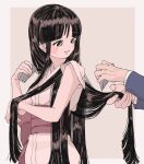  1boy 1girl ace_attorney alternate_hairstyle bangs black_eyes black_hair blunt_bangs brushing_another&#039;s_hair brushing_hair closed_mouth comb hair_down hand_in_another&#039;s_hair highres holding holding_another&#039;s_hair holding_comb japanese_clothes kimono long_hair long_sleeves looking_to_the_side maya_fey obi omen_hohoho phoenix_wright pink_sash sash solo_focus upper_body very_long_hair white_kimono 
