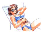 1990s_(style) 1girl ;p arm_behind_head arm_up beach_chair bikini blue_bikini book brown_hair covering_navel holding holding_book kai_tomohisa looking_at_viewer lying non-web_source official_art on_back one_eye_closed photoshop_(medium) retro_artstyle sentimental_graffiti short_hair simple_background solo sunglasses swimsuit tongue tongue_out white_background yamamoto_rurika 