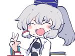  1girl blue_headwear blush_stickers closed_eyes food fried_rice0614 grey_hair hair_between_eyes hat japanese_clothes kariginu long_hair long_sleeves mononobe_no_futo one-hour_drawing_challenge open_mouth plate pom_pom_(clothes) simple_background smile solo sushi tate_eboshi touhou upper_body white_background wide_sleeves 