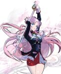  1girl bangs black_jacket blue_eyes buttons cofffee epaulettes gloves holding holding_sword holding_weapon jacket long_hair looking_at_viewer pink_hair red_shorts red_trim saber_(weapon) shorts shoujo_kakumei_utena simple_background solo sword tenjou_utena weapon white_background white_gloves 