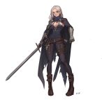  1girl armor boots cape dpin_(user_adhr8855) european_clothes highres holding holding_sword holding_weapon long_hair original pauldrons shoulder_armor signature simple_background single_pauldron sword vambraces weapon white_background white_hair 