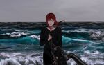  1girl bangs black_dress braid braided_ponytail chain chain_leash chainsaw_man dress grey_sky highres holding holding_leash leash looking_at_viewer makima_(chainsaw_man) medium_hair ocean outdoors pov red_hair ringed_eyes sidelocks smile solo viewer_on_leash water waves yellow_eyes yohohoi 