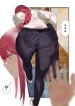  ... 1girl 1other absurdres ass ass_smack bangs black_pants braid braided_ponytail chainsaw_man highres huge_ass hunched_over kikimifukuri long_hair looking_to_the_side makima_(chainsaw_man) orange_eyes pants ringed_eyes sidelocks slap_mark solo_focus 