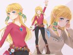  1girl bangs belt black_pants blonde_hair blue_eyes blush boots bracelet breasts brown_footwear closed_eyes full_body green_ribbon grey_background grey_shirt hair_ribbon hand_to_own_face highres jewelry long_hair long_sleeves looking_at_viewer medium_breasts multiple_views pants pointy_ears princess_zelda red_shirt ribbon seri_(yuukasakura) shirt sidelocks smile the_legend_of_zelda the_legend_of_zelda:_skyward_sword upper_body waving 