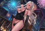  1girl arm_up black_dress black_gloves black_panties breasts city dangle_earrings dress dutch_angle earrings elbow_gloves erection exlic fireworks futanari gloves jewelry looking_at_viewer medium_breasts night niijima_sae nipples outdoors panties patreon_username penis persona persona_5 railing red_eyes solo underwear 