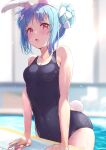  1girl absurdres animal_ear_fluff animal_ears bare_arms bare_shoulders black_one-piece_swimsuit blue_hair blurry blurry_background blush braid braided_bun breasts double_bun extra_ears hair_bun highres hololive looking_at_viewer multicolored_hair nira_(vira) one-piece_swimsuit open_mouth pool rabbit_ears rabbit_girl rabbit_tail red_eyes sidelocks small_breasts solo streaked_hair swimsuit tail thick_eyebrows usada_pekora virtual_youtuber wet wet_clothes wet_swimsuit white_hair 