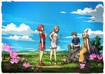  1boy 3girls blue_sky blurry blurry_foreground chest_jewel field flower grass grey_hair happy highres husband_and_wives low_twintails mountainous_horizon multiple_girls mythra_(xenoblade) nia_(xenoblade) official_alternate_costume outdoors poteto_(potetosarada123) pyra_(xenoblade) rex_(xenoblade) rock sitting sky smile spoilers tiara twintails xenoblade_chronicles_(series) xenoblade_chronicles_2 xenoblade_chronicles_3 