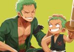  2boys ^_^ age_difference black_eyes closed_eyes collarbone green_background green_hair green_shirt grin hand_on_another&#039;s_head highres male_focus multiple_boys oekakiboya one_piece open_clothes open_shirt roronoa_zoro scar scar_across_eye shirt short_hair smile squatting 