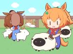  2girls animal_ears animal_on_face bandana bangs blonde_hair blue_overalls blue_ribbon blush_stickers bokujou_monogatari brown_hair chibi cloud commentary_request ear_ribbon error fence flying_sweatdrops goat gomashio_(goma_feet) hair_between_eyes hair_ornament horse_ears horse_girl horse_tail jumping meisho_doto_(umamusume) meto_(cat) multiple_girls on_grass outdoors overalls partial_commentary ponytail red_bandana ribbon sheep sleeves_rolled_up star_(symbol) star_hair_ornament taiki_shuttle_(umamusume) tail tanuki umamusume wooden_fence |_| 