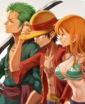  1girl 2boys arm_tattoo bikini black_hair breasts brown_hair cleavage closed_eyes closed_mouth collarbone earrings green_bikini green_hair grey_background groin hat highres jewelry katana large_breasts long_hair monkey_d._luffy multiple_boys nami_(one_piece) navel oekakiboya one_piece open_clothes open_vest profile red_vest roronoa_zoro scar scar_on_cheek scar_on_face short_hair smile straight_hair straw_hat sun_hat swimsuit sword tattoo vest weapon yellow_headwear 