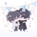  2boys bangs black_eyes black_hair black_jacket black_pants chibi closed_eyes commentary confetti creature crossed_arms food food_on_face full_body hat heart highres jacket kim_dokja kiss kissing_cheek long_sleeves male_focus multiple_boys omniscient_reader&#039;s_viewpoint one_eye_closed pants party_hat pennant polka_dot polka_dot_background shin_yoosung short_hair simple_background standing string_of_flags symbol-only_commentary white_background white_jacket ya_qaq yaoi yoo_joonghyuk 