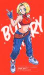  1girl baggy_pants bare_shoulders belt blonde_hair blue_eyes blue_mary breasts bright_pupils closed_mouth commentary crop_top denim fatal_fury fingerless_gloves full_body gloves halterneck highres looking_at_viewer medium_breasts midriff motozaki_mio navel pants short_hair simple_background sleeveless smile solo standing straight_hair the_king_of_fighters the_king_of_fighters_xv 