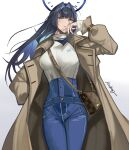  1girl absurdres artist_name bag belt between_breasts blue_belt blue_eyes blue_hair blue_pants breasts brown_coat buttons coat denim english_commentary halo hand_in_pocket handbag highres hololive hololive_english jeans large_breasts long_hair looking_at_viewer official_alternate_costume ouro_kronii pants rudang shirt strap_between_breasts virtual_youtuber white_shirt 