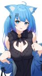  1girl 774_inc. ahoge animal_ears black_dress blue_eyes blue_hair breasts cleavage cleavage_cutout clothing_cutout commentary_request dress ear_piercing gradient_hair hair_ornament heart heart_hair_ornament highres long_hair looking_at_viewer medium_breasts multicolored_hair nishino_eri piercing purple_hair simple_background solo souya_ichika virtual_youtuber white_background x_hair_ornament 