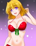  1girl alternate_costume bangs bikini blonde_hair bow bow_bikini breasts christmas cleavage commentary earrings engo_(aquawatery) fur-trimmed_bikini fur_trim halterneck hand_in_own_hair highres hoop_earrings jewelry large_breasts looking_at_viewer lyrical_nanoha mahou_shoujo_lyrical_nanoha mahou_shoujo_lyrical_nanoha_a&#039;s medium_hair navel open_mouth purple_background purple_eyes red_bikini santa_bikini shamal short_hair smile snowing solo standing stomach swimsuit 