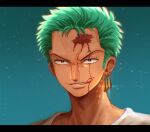  1boy black_border blood blood_on_face border earrings green_hair grin jewelry letterboxed looking_at_viewer male_focus oekakiboya one_piece portrait red_eyes roronoa_zoro short_hair smile solo tongue tongue_out 