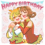  1boy 1girl ahoge bangs blonde_hair brown_hair chinese_clothes closed_eyes clothing_cutout delicious_party_precure hair_rings hanamichi_ran happy_birthday highres mem-mem_(precure) mem-mem_(precure)_(human) monster_rally one_eye_closed open_mouth orange_eyes precure short_hair shoulder_cutout 