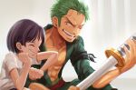  1boy 1girl ;d age_difference black_hair closed_eyes collarbone green_hair green_shirt grin highres holding holding_sword holding_weapon kuina oekakiboya one_eye_closed one_piece open_clothes open_shirt roronoa_zoro scar scar_across_eye sheath sheathed shirt short_hair short_sleeves smile sword weapon white_shirt 
