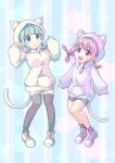  2girls :d :o absurdres animal_hood aqua_background aqua_eyes aqua_hair arms_at_sides bangs blue_hoodie blunt_bangs blush cat_symbol commentary_request full_body futaba_sana grey_shorts grey_socks grey_thighhighs hands_up highres hood hood_up hoodie legs_together long_hoodie long_sleeves looking_at_another low_tied_sidelocks magia_record:_mahou_shoujo_madoka_magica_gaiden mahou_shoujo_madoka_magica medium_hair multi-tied_hair multiple_girls niyadepa no_nose open_mouth parted_lips pigeon-toed pink_eyes pink_footwear pink_hair pocket purple_footwear shoes shorts sidelocks smile sneakers socks star_(symbol) striped striped_background swept_bangs tail tamaki_ui thighhighs vertical_stripes wavy_hair white_hoodie 