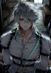  1boy aguaaaaa4 ahoge alhaitham_(genshin_impact) arms_behind_back bangs blurry blurry_background blush bound bound_arms buttons cable closed_mouth collarbone collared_shirt commentary english_commentary genshin_impact glint green_eyes green_hair grey_hair hair_between_eyes hair_over_one_eye harness highres indoors light_particles light_rays long_sleeves looking_at_viewer male_focus multicolored_hair o-ring parted_bangs serious shirt short_hair sidelocks solo sweat swept_bangs tied_up_(nonsexual) upper_body v-shaped_eyebrows white_shirt window wing_collar 