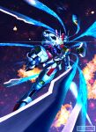  absurdres aqua_eyes assassin_silver beam_saber bit_(gundam) exhaust explosion flying funnels_(gundam) glowing glowing_eyes gundam gundam_aerial gundam_suisei_no_majo highres holding holding_sword holding_weapon mecha mobile_suit no_humans robot solo space sword v-fin weapon 