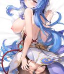  1girl ass ayamy back backless_outfit bangs bed_sheet blue_hair blush bodystocking breasts brown_pantyhose chinese_knot closed_mouth dakimakura_(medium) flower_knot from_behind ganyu_(genshin_impact) genshin_impact gold_trim large_breasts long_hair looking_at_viewer looking_back lying nipples on_bed on_stomach pantyhose purple_eyes sheet_grab smile solo tassel thighlet thighs torn_clothes torn_pantyhose upper_body very_long_hair vision_(genshin_impact) waist_cape 
