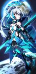 1girl armor armored_dress bare_shoulders blue_armor blue_hair breasts bronya_zaychik bronya_zaychik_(herrscher_of_truth) clothing_cutout dress earth_(planet) ecliygame gloves grey_eyes grey_hair hair_between_eyes halo highres holding holding_polearm holding_weapon honkai_(series) honkai_impact_3rd long_hair moon multicolored_hair pink_pupils planet polearm ponytail project_bunny prosthesis prosthetic_leg science_fiction small_breasts solo space stomach_cutout thighhighs very_long_hair weapon white_thighhighs 