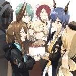  1other 6+girls ^_^ absurdres amiya_(arknights) animal_ears arknights bangs birthday birthday_cake black_coat black_headwear blonde_hair blue_hair blush bow breasts brown_coat brown_hair cake ch&#039;en_(arknights) closed_eyes closed_mouth coat collared_shirt crossed_arms dill_tilana doctor_(arknights) drawdrawdeimos extra_ears food green_hair grey_eyes gummy_(arknights) hair_bow hair_over_one_eye halo hat helmet highres holding holding_plate holding_whisk hood hood_down hooded_coat horns hoshiguma_(arknights) long_hair looking_at_another low_ponytail motion_lines multiple_girls necktie open_mouth orange_eyes plate rabbit_ears red_eyes shirt short_hair sidelocks simple_background small_breasts smile standing sweatdrop swire_(arknights) upper_body whisk white_background white_shirt yellow_necktie 