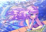  1girl bare_arms blue_eyes bracelet closed_mouth crop_top day floating_hair head_rest jewelry laura_la_mer long_hair looking_at_viewer mermaid midriff monster_girl outdoors partially_submerged pink_hair precure shiny shiny_hair shrimp1634 smile solo tropical-rouge!_precure very_long_hair water 