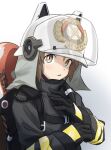  1girl absurdres arknights black_gloves blush brown_eyes brown_hair chest_harness drawdrawdeimos fire_extinguisher firefighter_jacket gloves hands_up harness highres jacket long_sleeves looking_at_viewer open_mouth shaw_(arknights) short_hair simple_background solo upper_body walkie-talkie white_background 