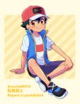  1boy arm_support ash_ketchum bangs baseball_cap black_footwear black_hair blue_jacket brown_eyes closed_mouth commentary full_body hair_between_eyes hat highres jacket looking_at_viewer male_focus ok_(asuta00912) open_clothes open_jacket pokemon pokemon_(anime) pokemon_journeys red_headwear shirt shoes short_hair short_sleeves shorts sitting sleeveless sleeveless_jacket smile solo t-shirt twitter_username watermark white_shirt 