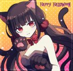  1girl animal_ears animal_hands artist_name bangs bare_shoulders black_dress black_gloves bow bowtie breasts cat_ears cat_girl cat_paws cat_tail cleavage closed_mouth danganronpa_(series) danganronpa_v3:_killing_harmony dress fang gloves halloween_costume hand_up happy_halloween harukawa_maki medium_breasts mikao_(eanv5385) official_alternate_costume polka_dot polka_dot_background red_bow red_bowtie red_eyes solo tail upper_body 
