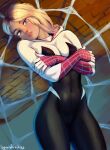  1girl asymmetrical_hair blonde_hair bodysuit breasts covered_navel crossed_arms eyebrow_piercing gwen_stacy head_tilt highres hood hooded_bodysuit marvel oppaiserothicc parted_lips piercing silk skin_tight solo spider-gwen spider-man:_into_the_spider-verse spider-man_(series) spider_web spider_web_print tooth_gap 