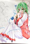  1girl :d bangs bright_pupils cosplay green_eyes green_hair hair_between_eyes hair_ribbon hakama hakama_pants highres japanese_clothes kataginu katana kimono komeiji_koishi long_sleeves looking_at_viewer meira_(touhou) open_mouth pants red_vest ribbon short_hair smile snow_to_you socks sword third_eye touhou touhou_(pc-98) traditional_media vest weapon white_hakama white_pupils white_ribbon white_socks wide_sleeves 