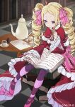  1girl absurdres beatrice_(re:zero) blonde_hair blue_eyes book dress drill_hair full_body hair_ribbon highres indoors kuronuko_neero long_hair looking_down pantyhose re:zero_kara_hajimeru_isekai_seikatsu reading red_dress ribbon sitting solo symbol-shaped_pupils twin_drills 