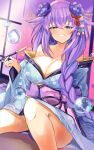  1girl absurdres bimmy blue_eyes blush braid breasts cleavage flower hair_between_eyes hair_flower hair_ornament highres holding japanese_clothes kimono large_breasts long_hair looking_at_viewer neptune_(series) power_symbol purple_hair purple_heart sash sitting smile solo symbol-shaped_pupils twin_braids 