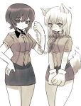  2girls adapted_uniform animal_collar animal_ears animal_hands bangs blouse blush chain closed_mouth collar commentary cowboy_shot dog_ears dog_girl dog_tail femdom frown girls_und_panzer gloves greyscale hand_on_hip highres holding holding_leash itsumi_erika kemonomimi_mode kuromorimine_school_uniform leash looking_at_another looking_at_viewer medium_hair miniskirt monochrome motion_lines multiple_girls nishizumi_maho paw_gloves pencil_skirt ri_(qrcode) school_uniform shirt short_hair skirt smile standing tail wing_collar yuri 