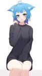  1girl 774_inc. ahoge animal_ears black_shirt blue_eyes blue_hair commentary_request highres long_sleeves looking_at_viewer nishino_eri parted_lips shirt short_hair simple_background sitting solo souya_ichika thighs virtual_youtuber white_background 