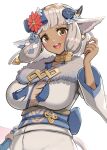 1girl animal_ears ash_(fire_emblem) ash_(new_year)_(fire_emblem) bangs breasts cow_ears cow_horns dark-skinned_female dark_skin earrings fire_emblem fire_emblem_heroes fur_trim gonzarez hair_tie highres hoop_earrings horns japanese_clothes jewelry kimono large_breasts long_hair official_alternate_costume tail white_hair 