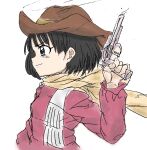  1girl black_eyes black_hair bomberman brown_headwear closed_mouth commentary_request cowboy_hat from_side gun hand_up hat highres holding holding_gun holding_weapon honey_(bomberman) jaggy_lines long_sleeves looking_away looking_to_the_side profile red_shirt revolver scarf shiki_mori_(sh1k1_illust) shirt short_hair simple_background sketch solo upper_body weapon white_background yellow_scarf 