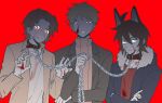  3boys ahoge alternate_eye_color animal_ears atou_haruki bangs black_jacket blonde_hair blood blood_on_face blood_on_hands blue_jacket brown_hair brown_shirt brown_sweater chain chain_leash collar collared_shirt commentary_request crossed_arms dog_boy dog_ears hair_between_eyes hands_up holding holding_chain holding_leash isoi_reiji jacket kemonomimi_mode leash long_sleeves male_focus multiple_boys open_clothes open_jacket open_shirt parted_bangs qubagogo red_collar red_eyes red_shirt ribbed_sweater saibou_shinkyoku shinano_eiji shirt short_hair smile sweater turtleneck turtleneck_sweater white_shirt 
