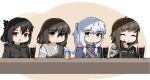  4girls black_hair brown_hair closed_eyes cup drink drinking_glass green_eyes grey_hair highres juice juice_box multiple_girls orange_eyes original vectorek yellow_eyes 