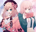  2girls :d bangs beret black_bow black_bowtie blue_eyes bow bowtie bunny_ornament cardigan chakisine chinese_commentary commentary_request crossover danganronpa_(series) danganronpa_2:_goodbye_despair drooling fingers_to_mouth frilled_shirt frills galaga green_hoodie hand_up handheld_game_console hands_up hat hat_pin highres holding holding_handheld_game_console hood hood_down hoodie long_sleeves looking_at_viewer medium_hair multiple_girls nanami_chiaki necktie nijisanji off_shoulder open_mouth pink_bow pink_cardigan pink_eyes pink_hair pink_necktie playstation_portable pleated_skirt purple_headwear puzzle_piece shirt skirt smile spaceship_hair_ornament star_(symbol) suzuhara_lulu upper_body virtual_youtuber white_shirt white_skirt 