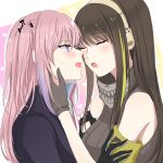  2girls armband asymmetrical_gloves bangs bare_shoulders black_gloves blue_eyes blush breasts brown_hair closed_eyes collar commentary_request fingerless_gloves from_side girls&#039;_frontline gloves green_hair grey_gloves hair_between_eyes hair_ornament hand_on_another&#039;s_cheek hand_on_another&#039;s_face headphones heart highres holding holding_another&#039;s_arm imminent_kiss jacket lips long_hair looking_at_another m4a1_(girls&#039;_frontline) multicolored_hair multiple_girls one_side_up open_mouth pink_hair purple_hair shirt sidelocks simple_background sleeveless sleeveless_shirt st_ar-15_(girls&#039;_frontline) streaked_hair sui_(camellia) sweat uneven_gloves upper_body yuri 