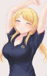  1girl ;| arms_up blonde_hair blue_shirt blush breasts collarbone gameso hachimiya_meguru highres idolmaster idolmaster_shiny_colors large_breasts open_collar shirt simple_background solo stretching trembling twintails upper_body 