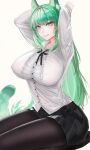  1girl absurdres animal_ear_fluff animal_ears arknights arms_behind_head arms_up black_pantyhose breasts cat_ears cat_girl cat_tail collared_shirt covered_nipples green_eyes green_hair harmonie_(arknights) highres large_breasts long_hair long_sleeves minuolin neck_ribbon pantyhose pleated_skirt ribbon shirt skirt smile tail white_shirt 