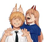  1boy 1girl bangs black_necktie blonde_hair blue_hoodie brown_hair carrot chainsaw_man claw_pose collared_shirt commentary cross-shaped_pupils denji_(chainsaw_man) hair_between_eyes highres holding holding_carrot hood hoodie horns long_hair looking_at_object looking_at_viewer necktie open_mouth power_(chainsaw_man) red_horns sharp_teeth shirt short_hair simple_background symbol-only_commentary symbol-shaped_pupils teeth white_background white_shirt xxlunawarriorxx yellow_eyes 