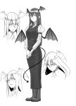  &gt;:( 1girl amino_(tn7135) bat_wings bespectacled black_armband black_skirt black_vest black_wings boots breasts collared_shirt commentary_request cross-laced_footwear demon_tail dress_shirt expressions full_body glasses greyscale head_wings juliet_sleeves koakuma light_smile long_hair long_sleeves looking_at_viewer looking_down looking_to_the_side low_wings medium_breasts monochrome multiple_views necktie pointy_ears puffy_sleeves round_eyewear serious shirt sidelocks simple_background skirt skirt_set slit_pupils tail touhou upper_body v-shaped_eyebrows v_arms very_long_hair vest white_background white_shirt wings 